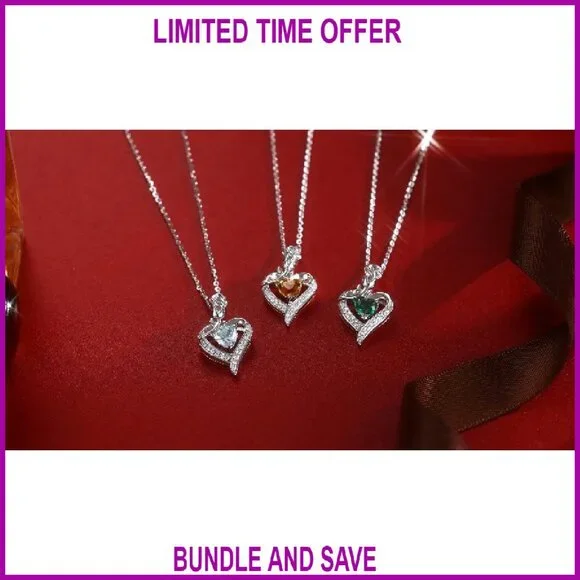 Sterling Silver Rose Heart Pendant Necklace with Gemstone Birthstone Gift